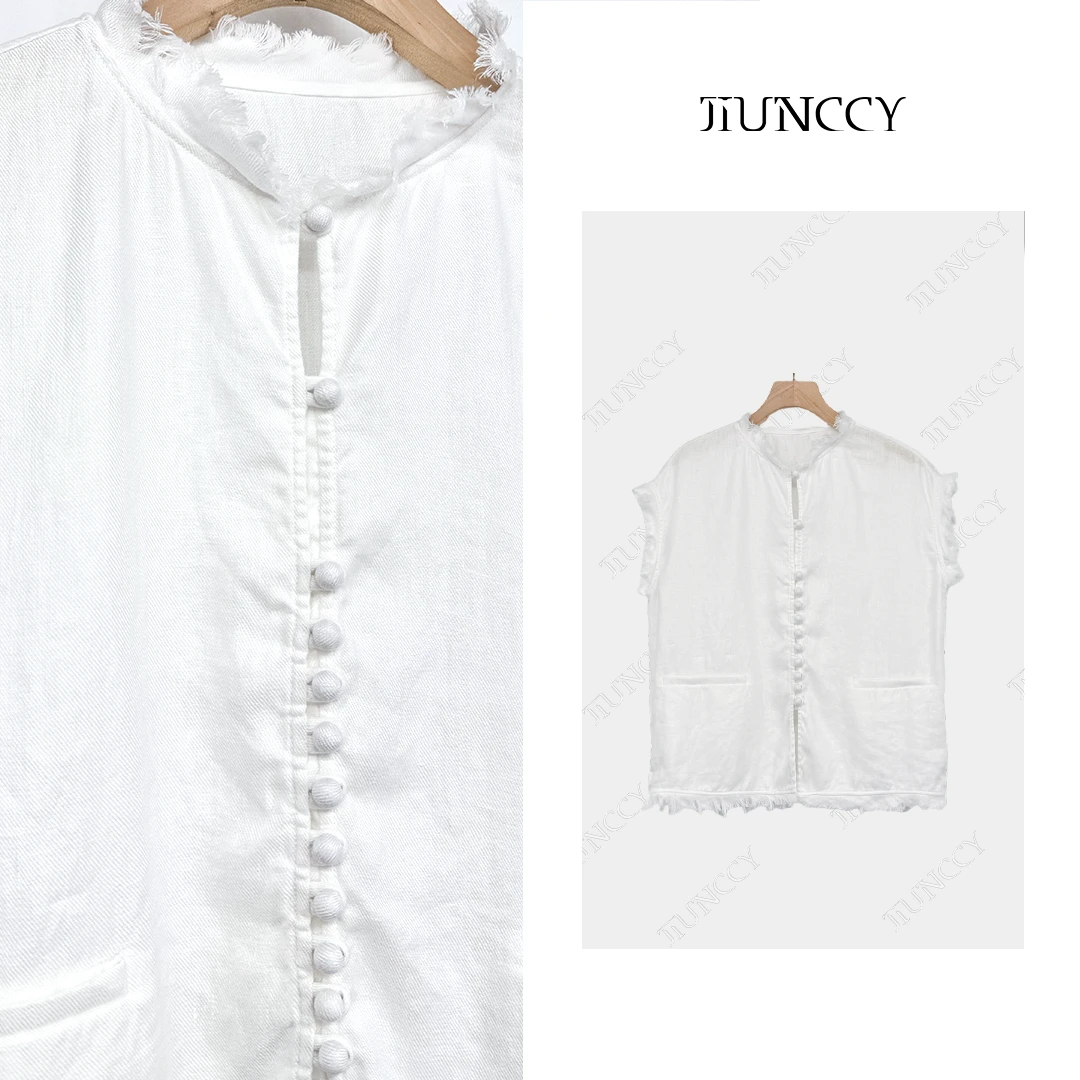 JIUNCCY【扶苏】超柔全亚麻手工毛边本布包扣连肩袖上衣 52YCY068