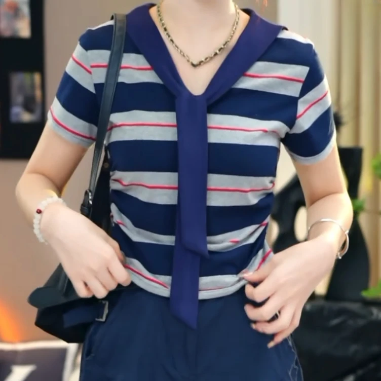2025夏季新款条纹撞色V领海军风披肩假两件短袖T恤女设计感上衣潮