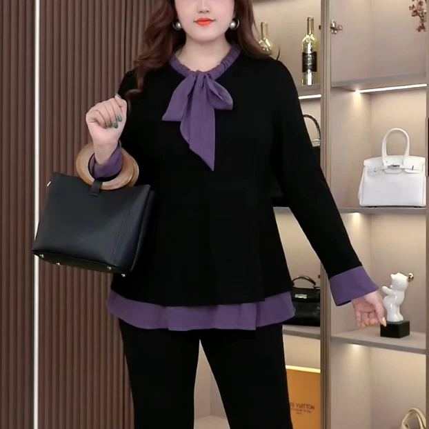 秋季新款大码气质洋气显瘦休闲宽松蝴蝶结百搭上衣ZB6559