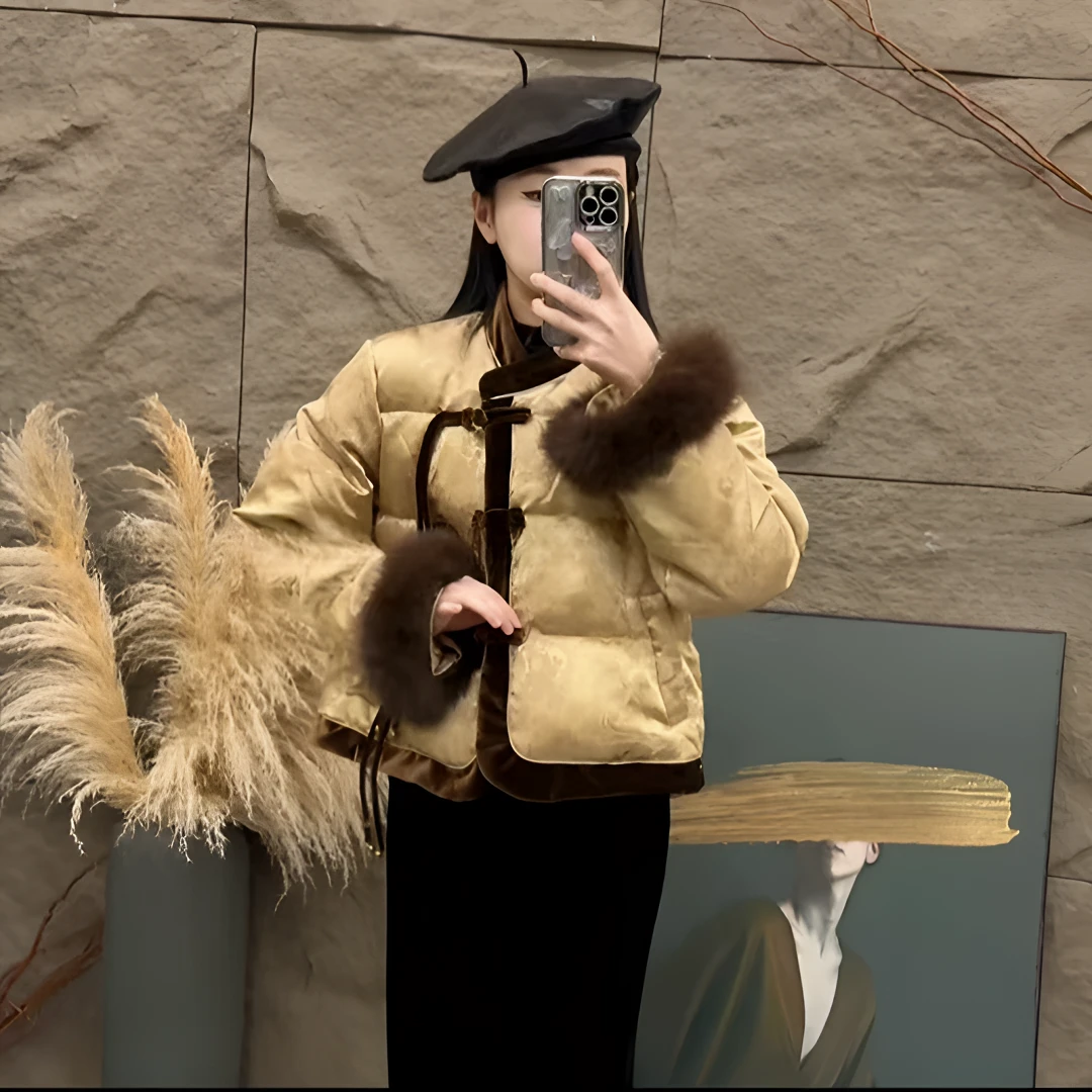 冬季新款保暖国风短款羽绒服流苏扣新中式轻奢时尚90白鸭绒外套