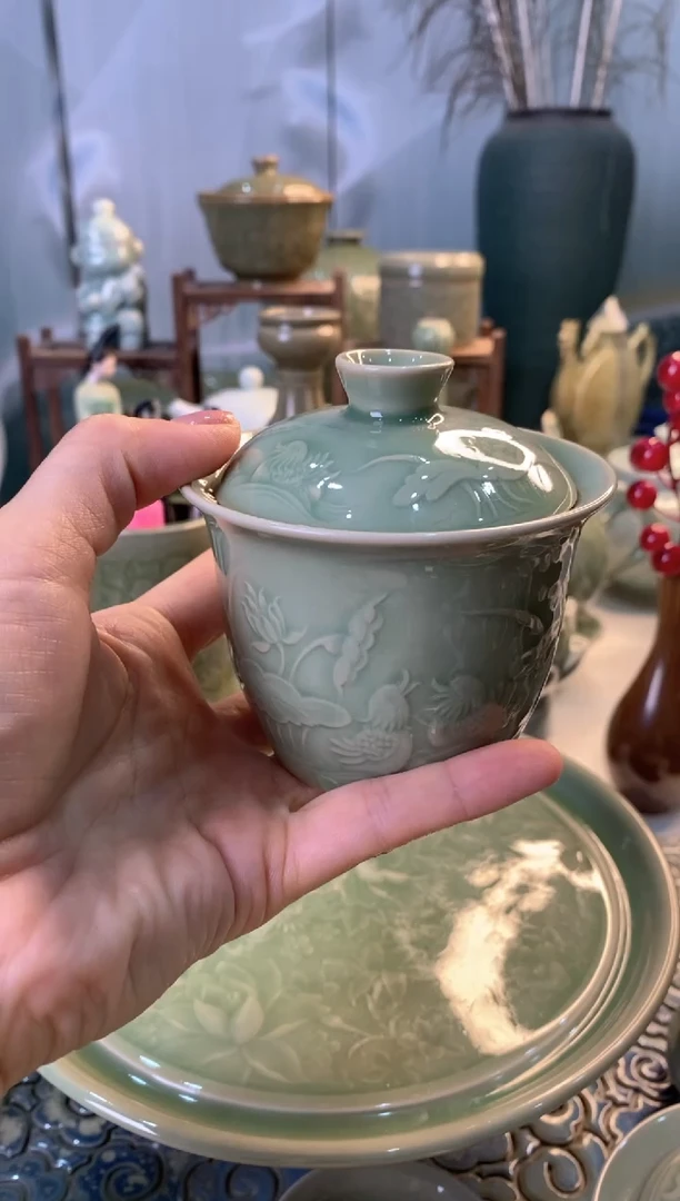 耀州窑微瑕处理 TS028鸳鸯盖碗 两才