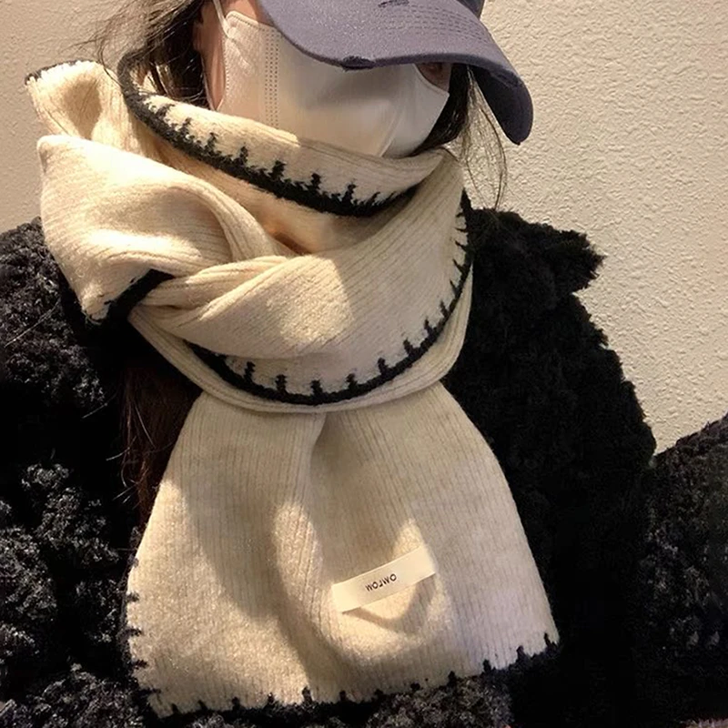 (精致锁边撞色围巾)秋冬时尚柔软韩版加厚保暖针织软糯围脖W