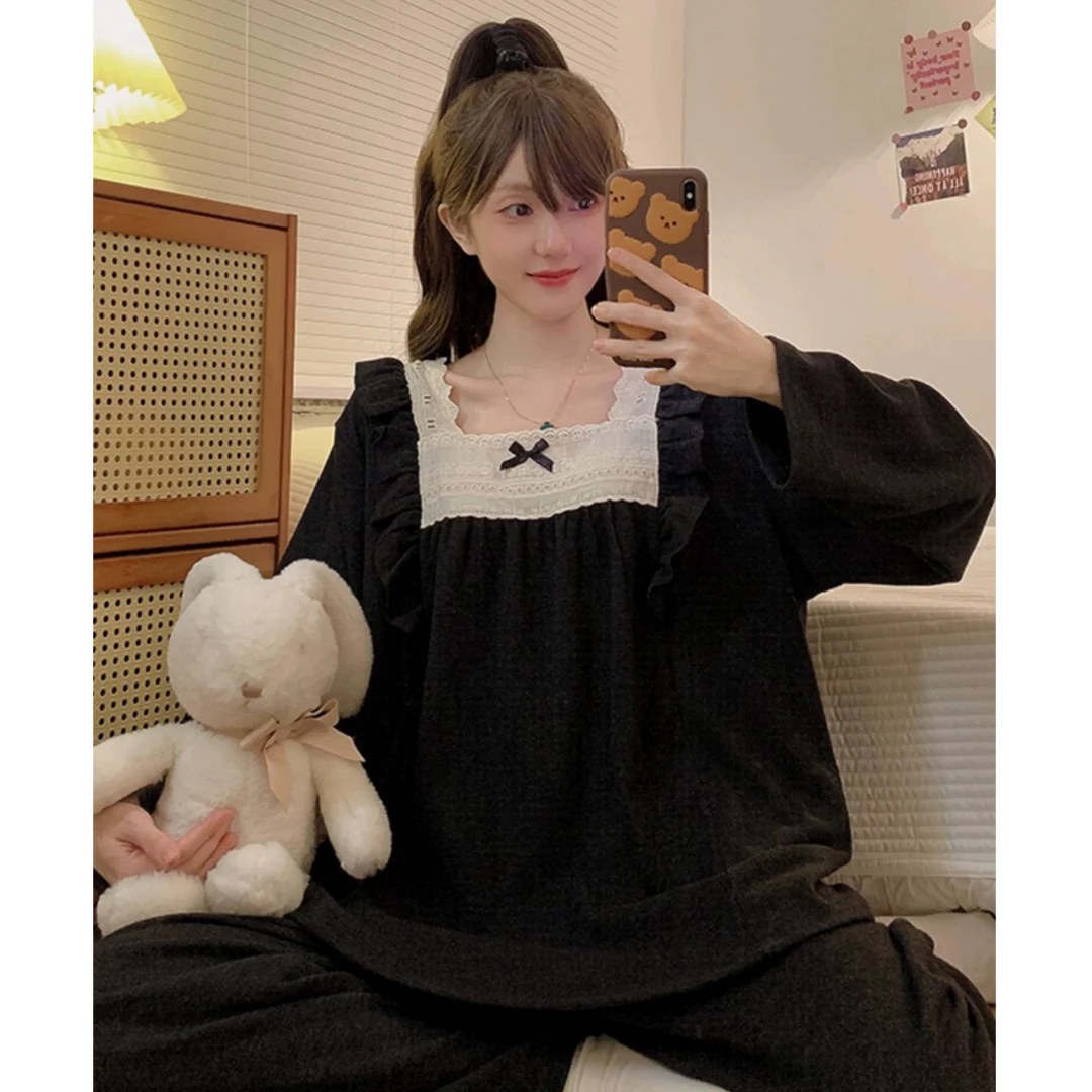 5001大码厚款秋冬季德绒睡衣女宽松厚款长袖长裤黑色可外穿家居服