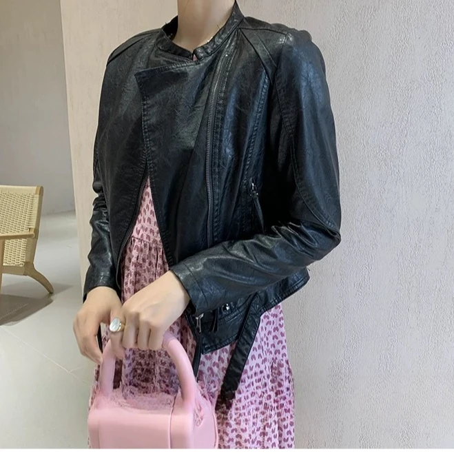 8332带扣立领时尚百搭洋气潮流女士皮衣