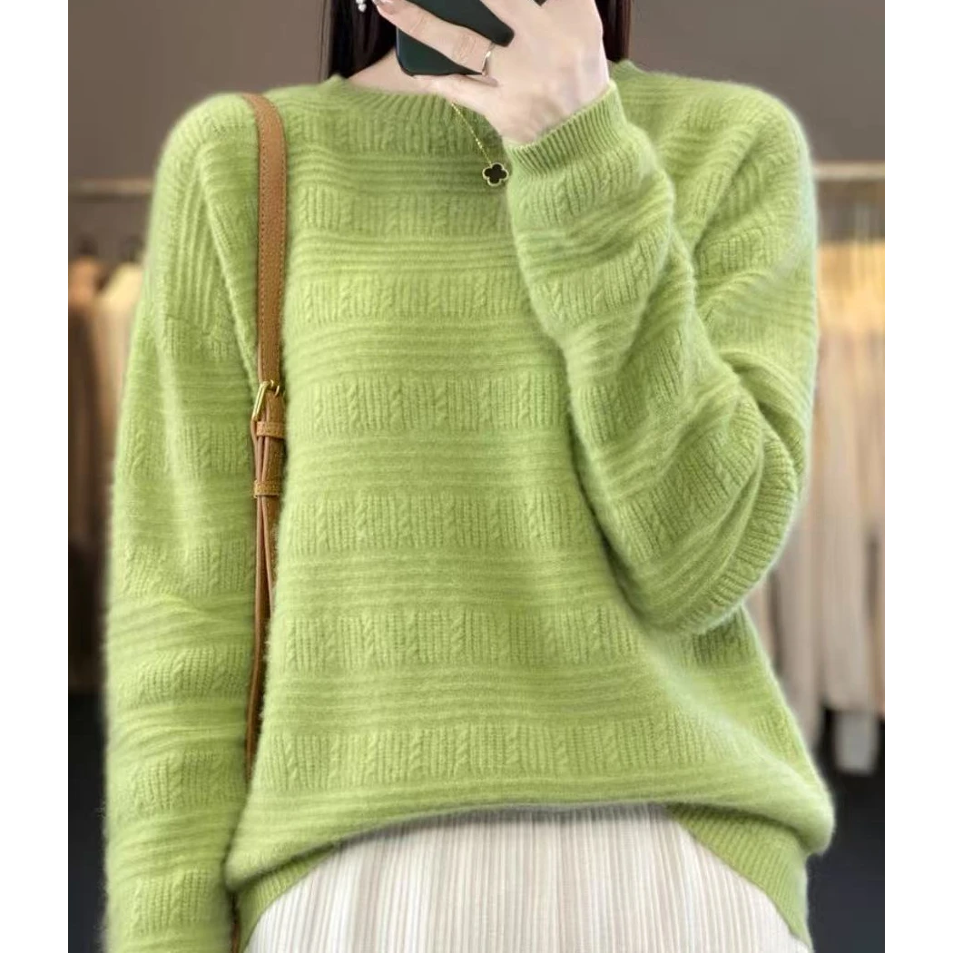 圆领加厚绞花羊毛衫女纯色宽松显瘦针织打底毛衣长袖百搭124