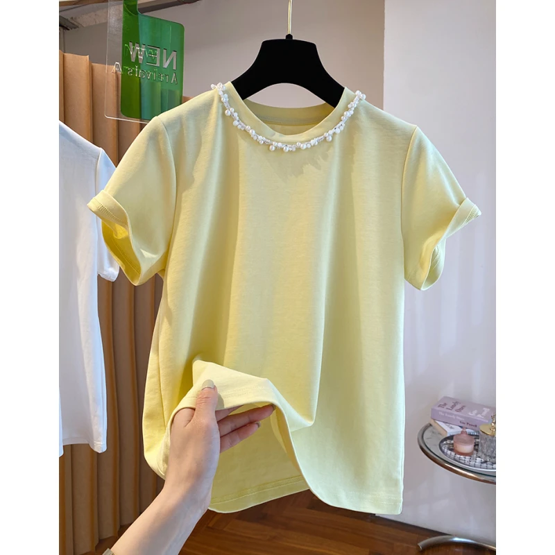 黄色圆领钉珠t恤女短袖2025新款宽松休闲百搭洋气薄款漂亮上衣夏