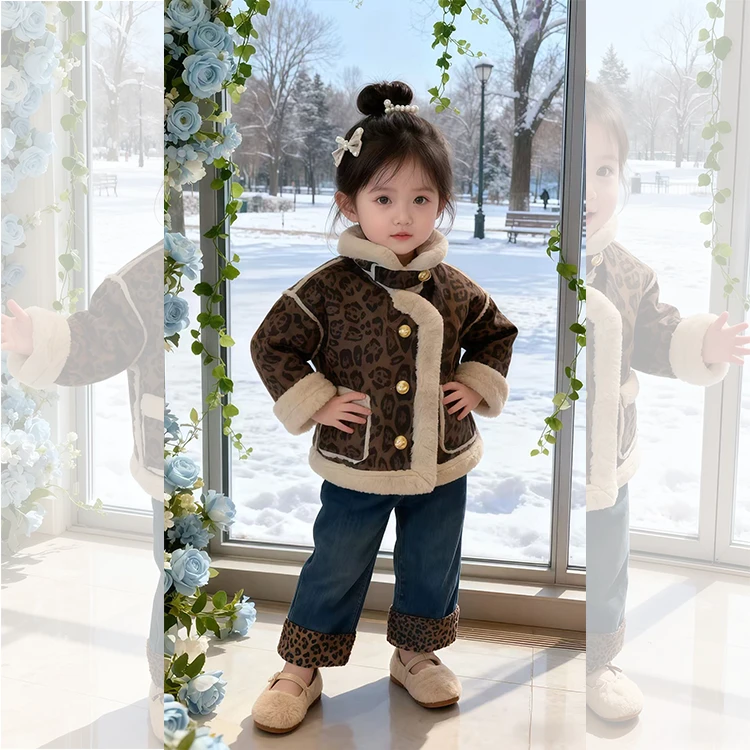 2025新款女宝宝洋气时髦加绒加厚外套潮女童冬季皮毛一体豹纹外套