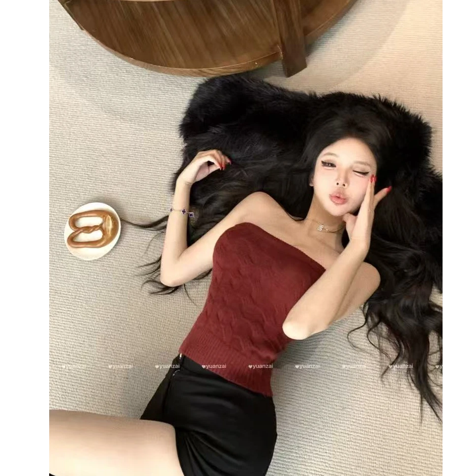 【特调玛丽格】美式复古麻花纹理修身显瘦抹胸短款一字肩内搭上衣女