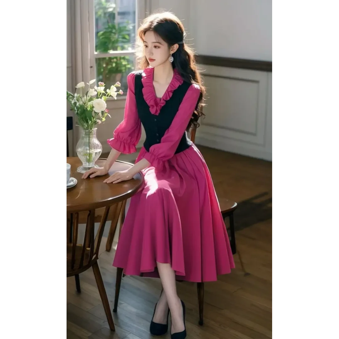 富家小个子千金感穿搭气质名媛高端玫红色木耳边假两件连衣裙