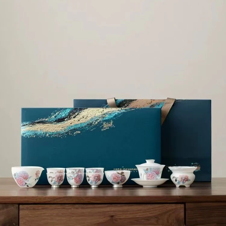 渡景山房薄胎冰种玉瓷茶具套装轻奢高档手绘绣球花盖碗泡茶杯礼盒
