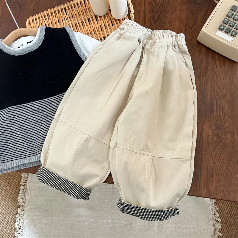 儿童裤子2025新款春季男女童韩版格子翻边休闲裤中小童洋气阔腿裤