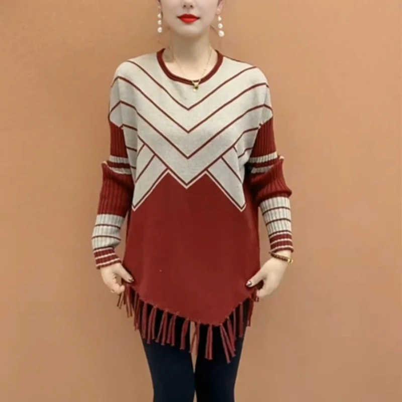 2025秋季新款时尚潮流妈妈针织衫流苏款大码中长款圆领长袖打底衫