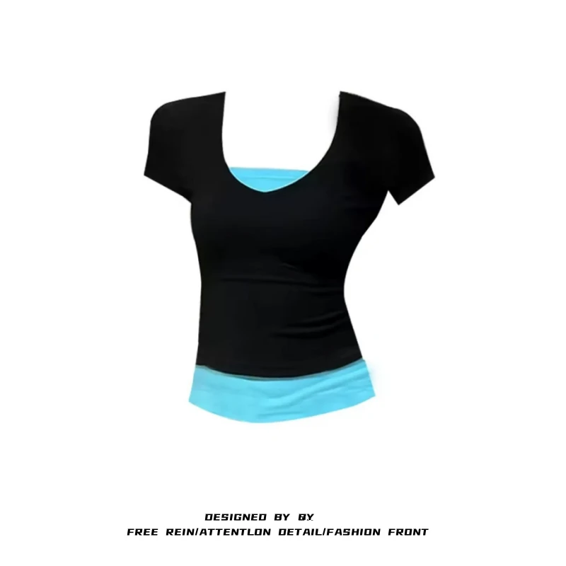 美式辣妹v领假两件撞色长袖T恤女夏季小众修身内搭打底衫上衣