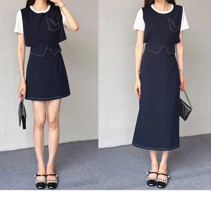 珩绣设计感假两件韩版收腰短袖上衣裙子两件套7758