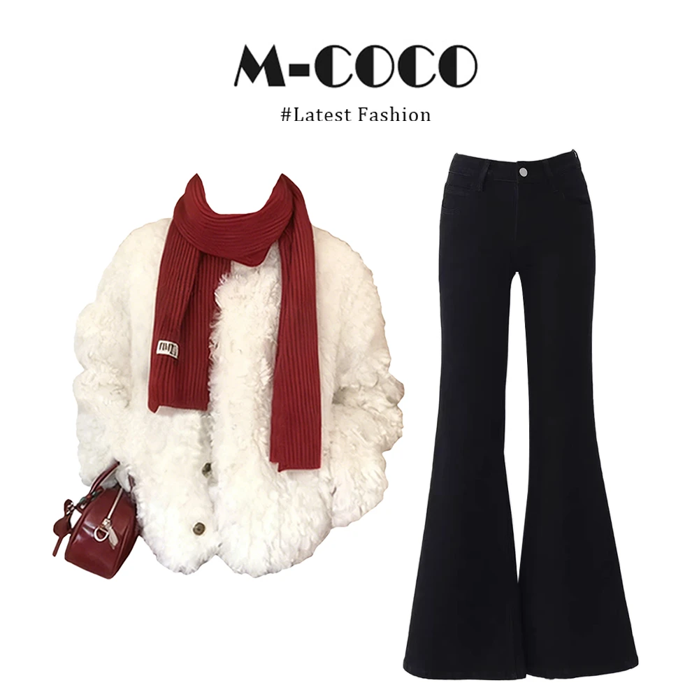 MARIE.COCO新年圣诞穿搭可爱甜妹宽松羊羔绒外套显瘦微喇裤套装