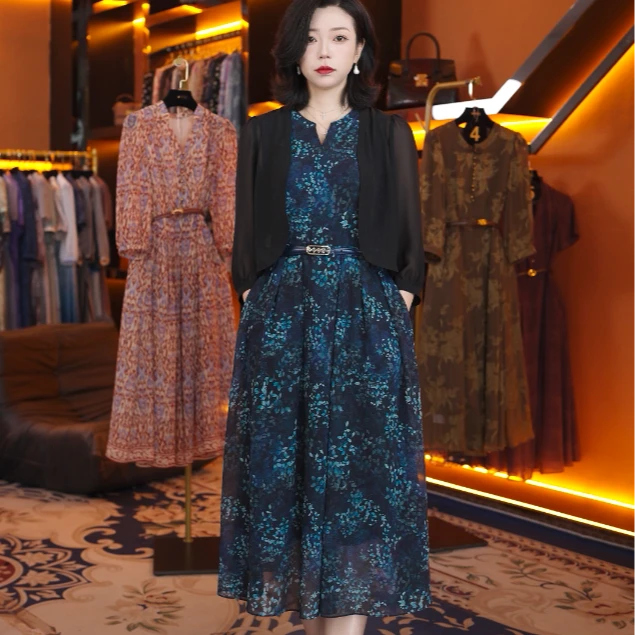 【赫尔温】设计师款墨黛蓝时尚收腰显瘦连衣裙DHZFF51466