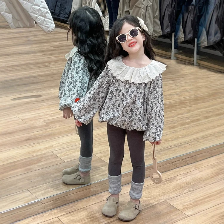 韩国女童森系衬衫2025春季儿童花边荷叶领碎花娃娃衫修身打底裤潮
