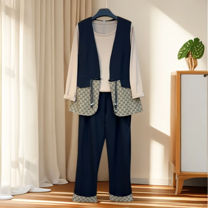 加肥女V领马甲圆领长袖打底衫黑色裤胖妹妹2025新款通勤风三件套