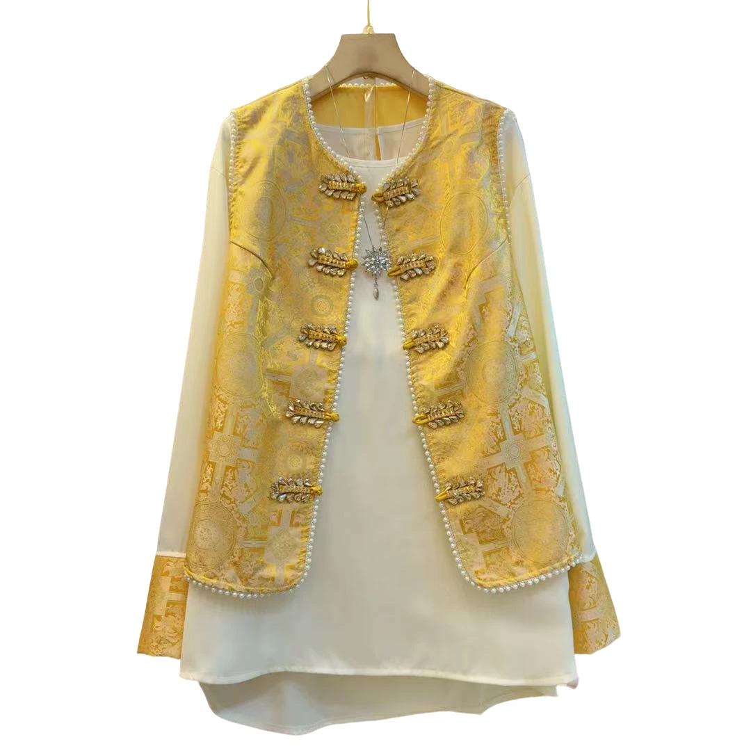 新款国风时尚亮钻拼接盘扣设计感上衣马甲两件套