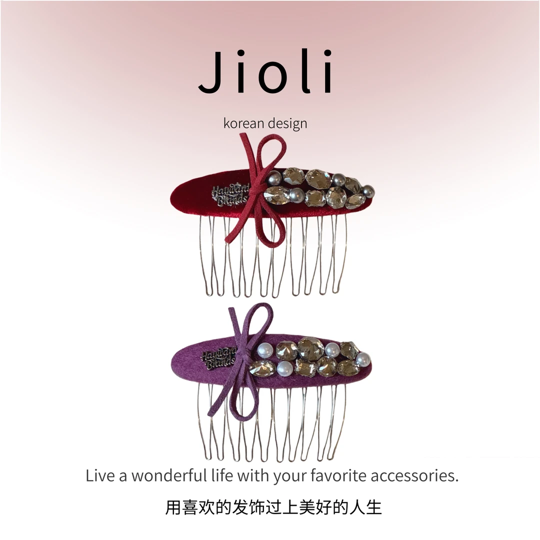 jioli/椒莉高级感水钻蝴蝶结倒插梳复古丝绒满钻发梳网红发夹边夹