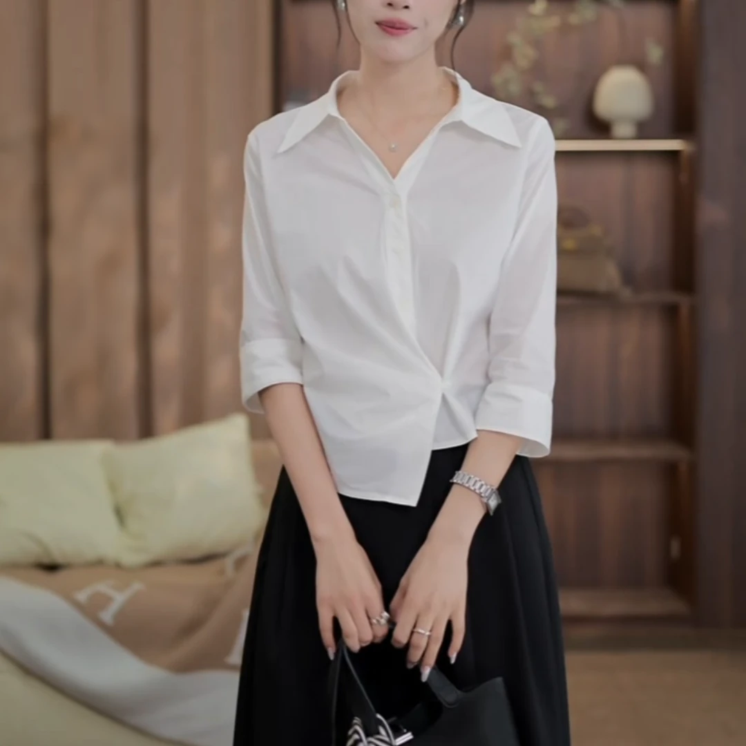 【白日昭昭】秋季新款简约气质纯色短袖衬衫显瘦百搭上衣LK2505240