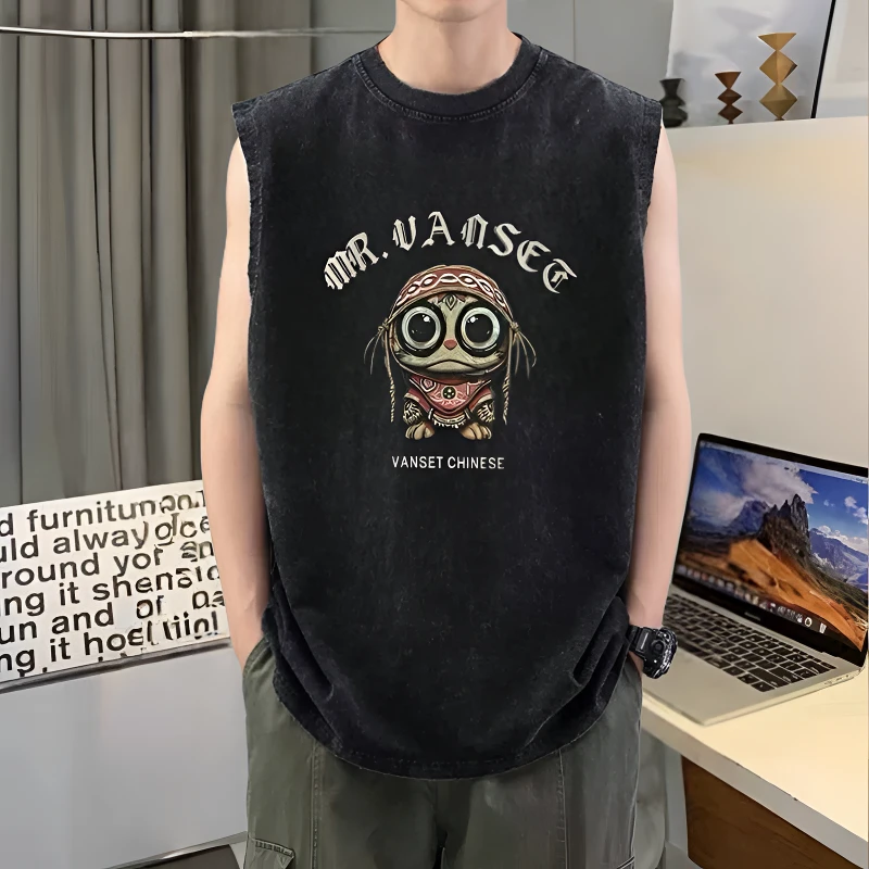 无袖t恤男ins潮牌日系休闲宽肩砍袖夏季宽松纯棉运动坎肩背心外穿