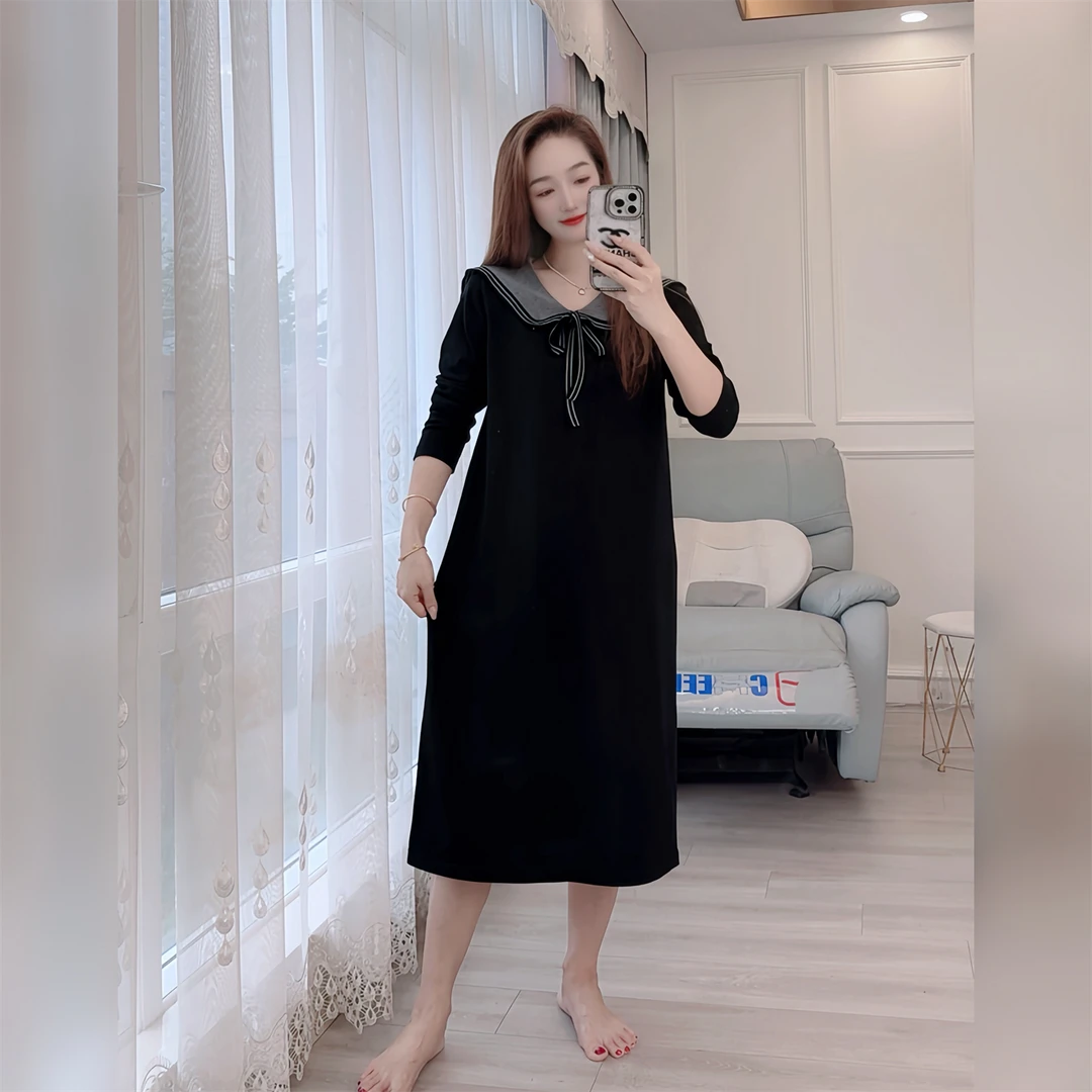 5148现货秋季新针织中长裙长袖宽松女装海军风翻领显瘦休闲连衣裙