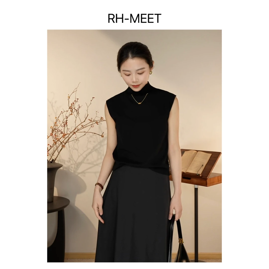 RH-MEET半高领-黑色复古气质无袖毛衣财阀千金女装
