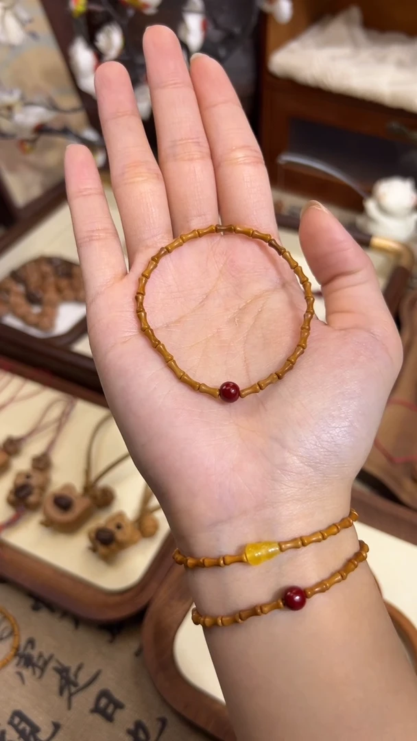 手串桃核【桃缘行】竹节「红色莎莎」桃木桃核辟、挡、驱、护 备注手围