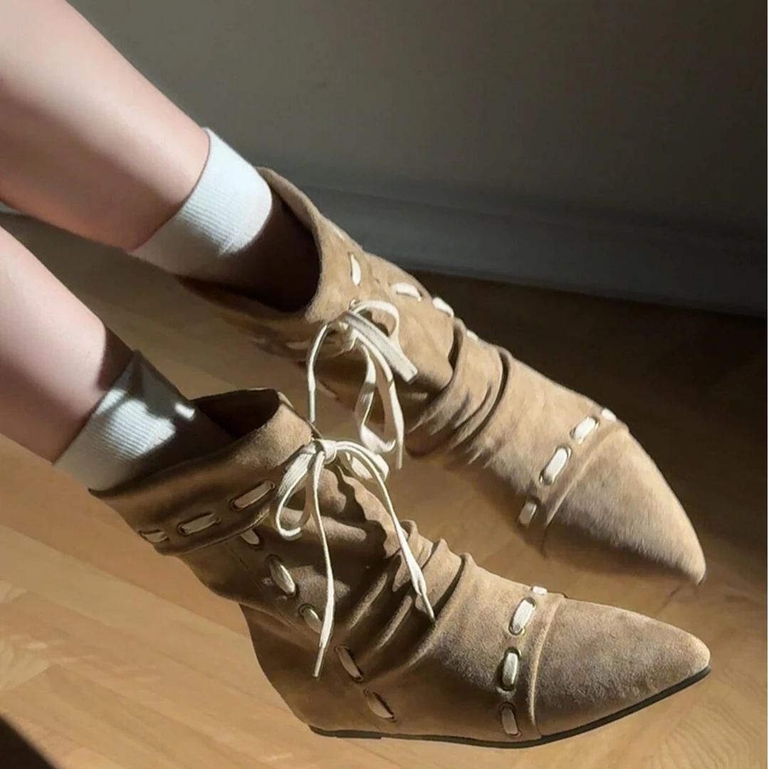 复古绒面短靴女款2025新款秋季百搭堆堆靴尖头西部牛仔靴子