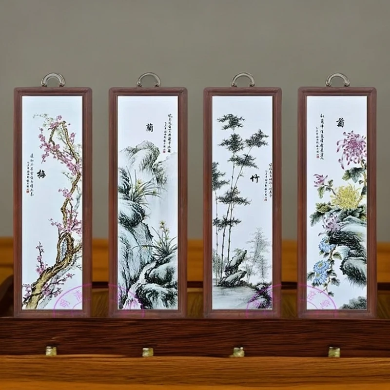 景德镇瓷板画粉彩花鸟梅兰竹菊四联屏实木边框80*28cm