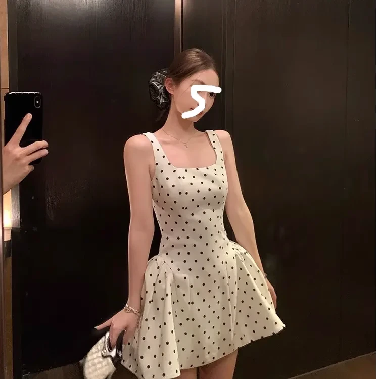 虞书欣jennie同款法式波点高腰收腰连衣裙富贵千金感裙子裙子吊带