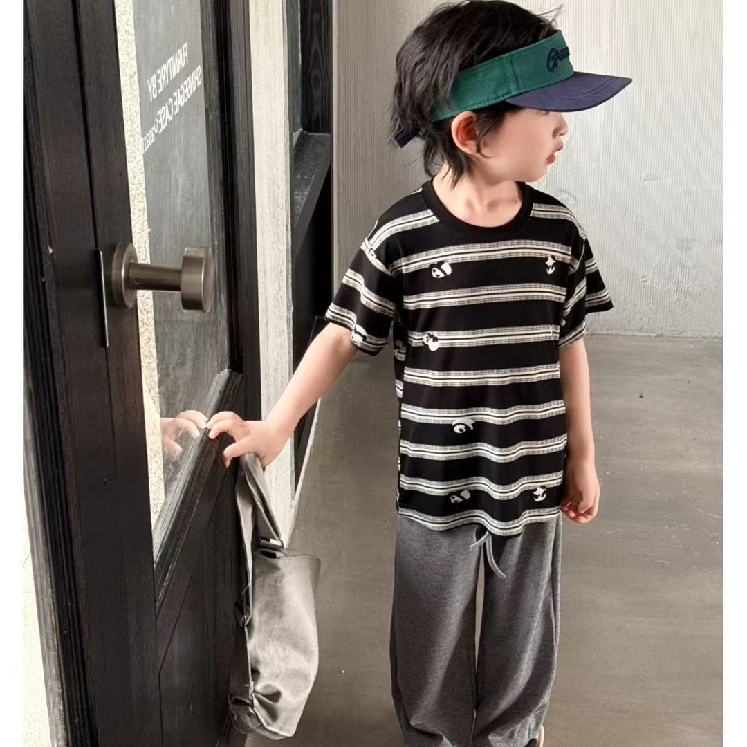 韩版儿童冰丝T恤条纹夏季男女童亲子装百搭圆领中大童洋气童装