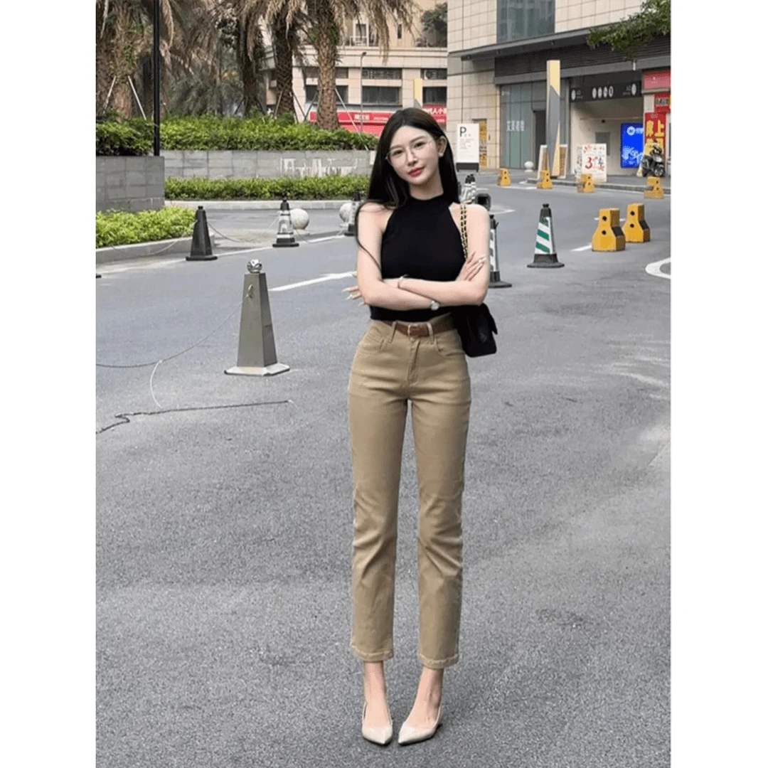 卡其色高腰阔腿牛仔裤女薄款早秋新款简约通勤弹力长裤直筒烟管裤