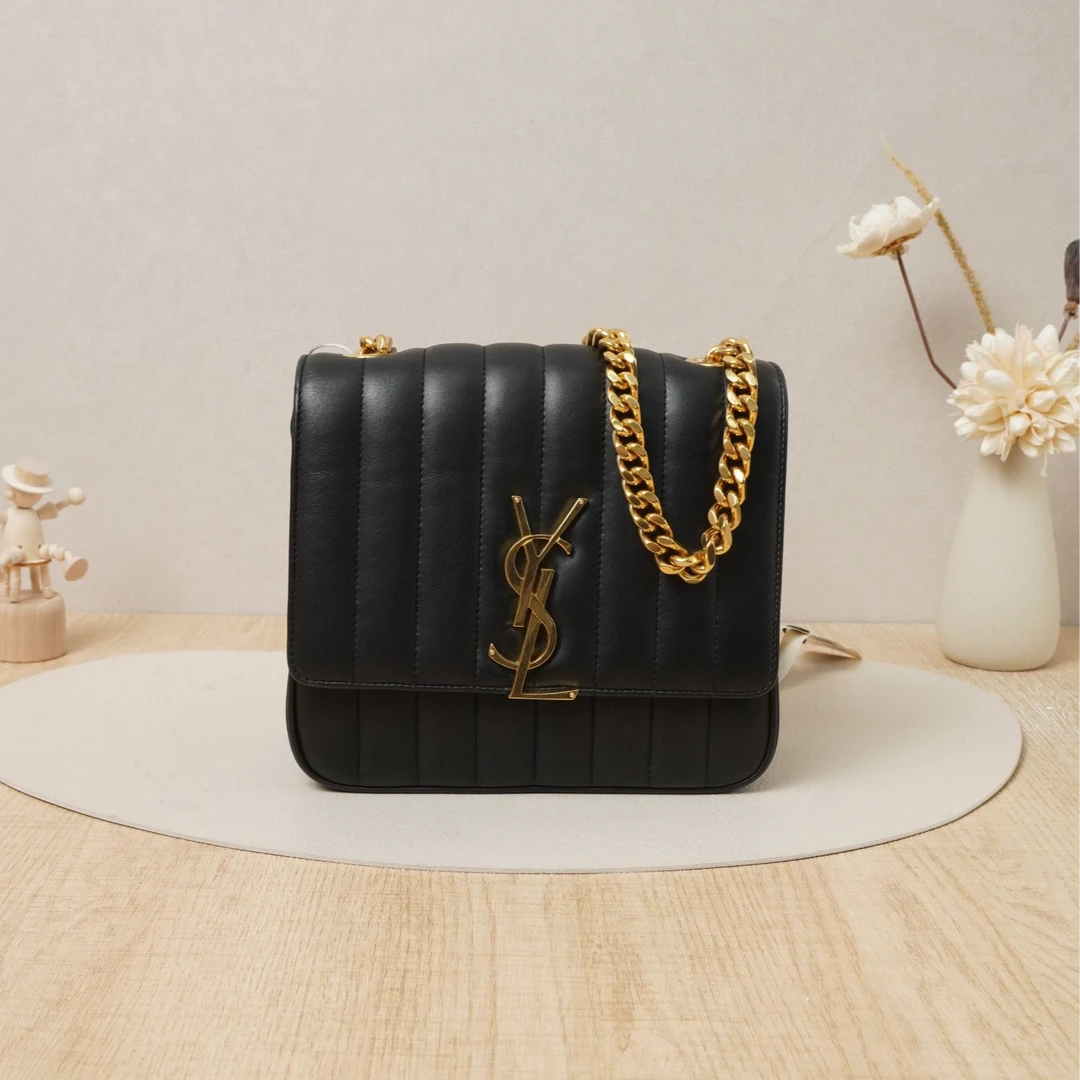 95新 YSL/圣罗兰 方胖子竖纹绗缝豆腐包中号黑金牛皮/DS036245