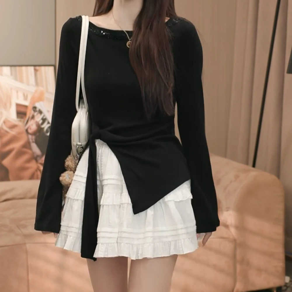 春季新款时尚长袖上衣烫钻修身显瘦百搭设计感不规则纯欲风T恤女