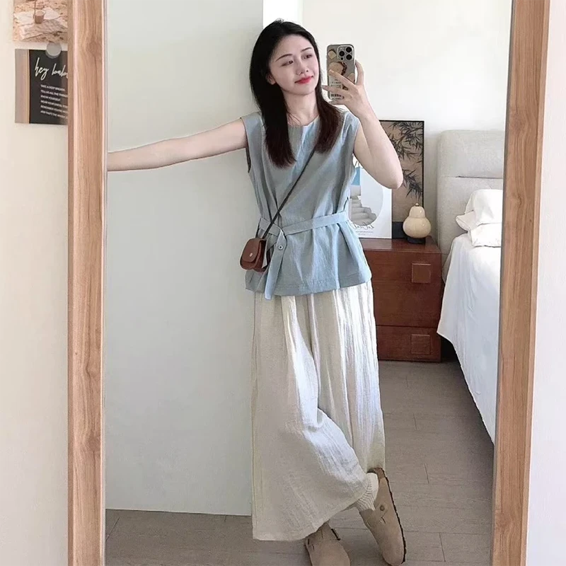 韩系慵懒风显瘦无袖上衣女2025年夏新款简约百搭高腰阔腿裤两件套