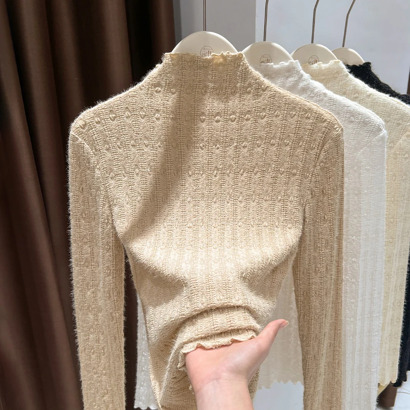 咖色修身半高领磨毛蕾丝衫上衣女爆款2025春季软糯长袖木耳边内搭