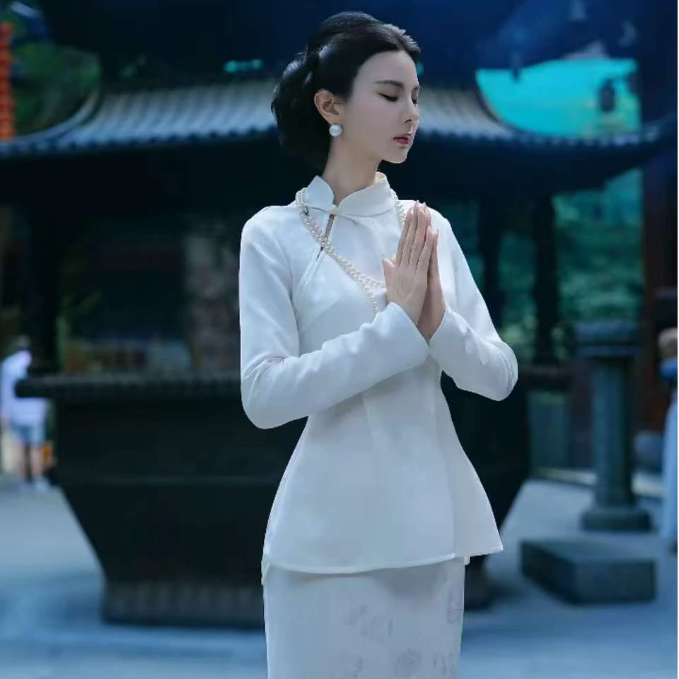 魏元高定/复古秋季立领气质长袖女装显瘦提花斜襟收腰上衣-1033