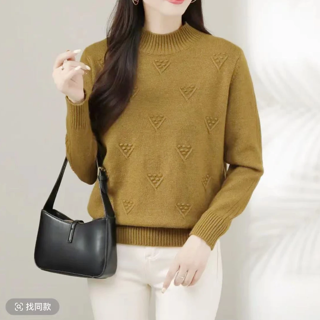 042半高领立体钩花时尚v型针织套头