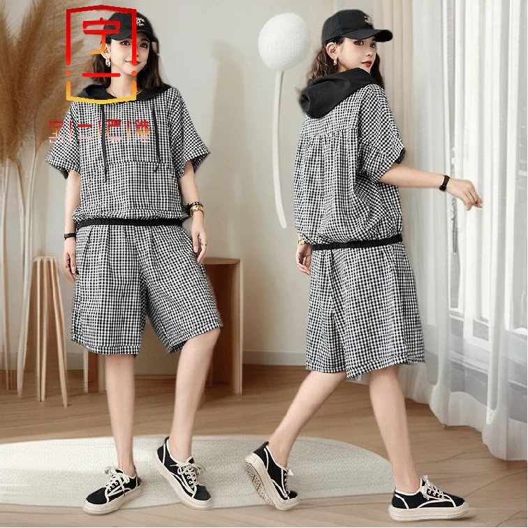 【 宁一女装】 时尚洋气显瘦夏季新款薄款棉麻格子短袖套装大码休闲