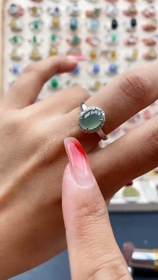 【闪购商品】翡翠戒指银S925镶嵌缅甸天然A货翡翠222  8+4