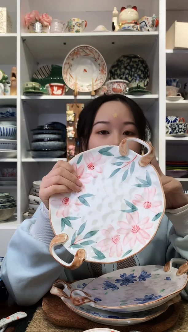 陶瓷【清仓】手绘粉花双耳平盘