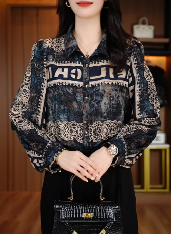 新款印花长袖气质复古宽松型衬衫洋气上衣不起球V25Y108