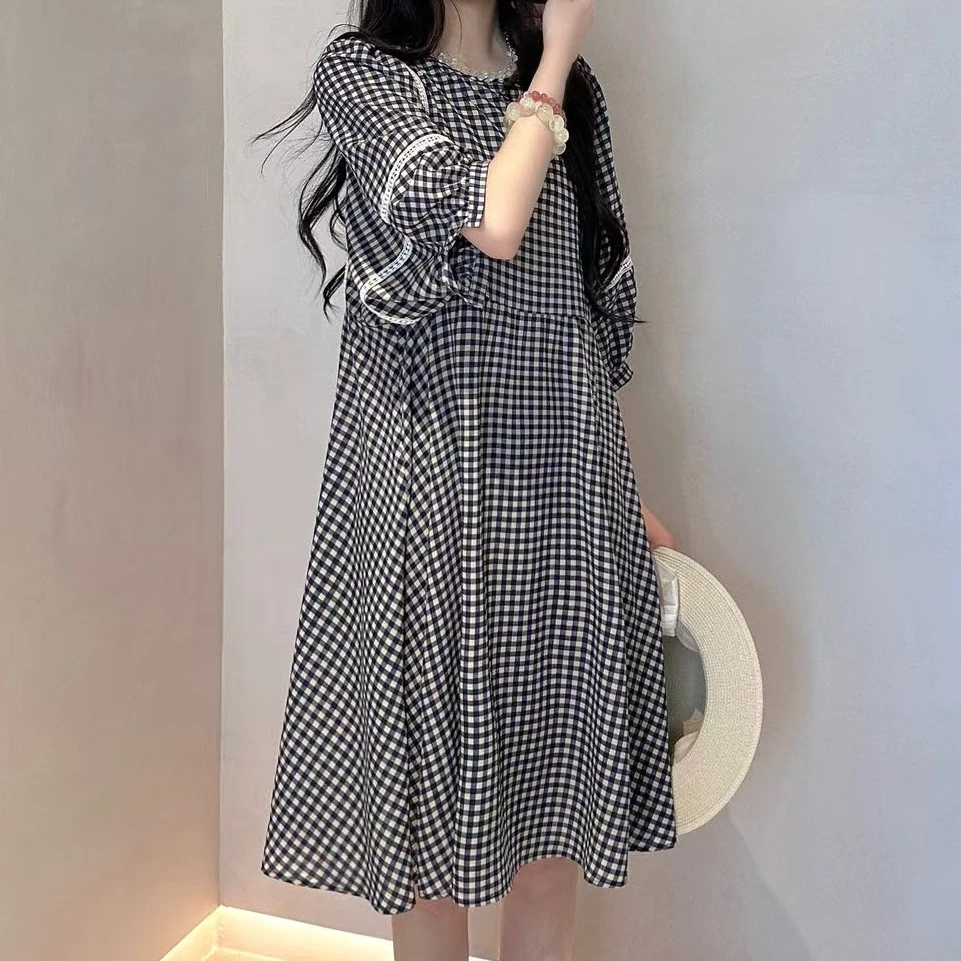 26156【来自艾米精品】夏季黑色格纹洋气好看韩版连衣裙