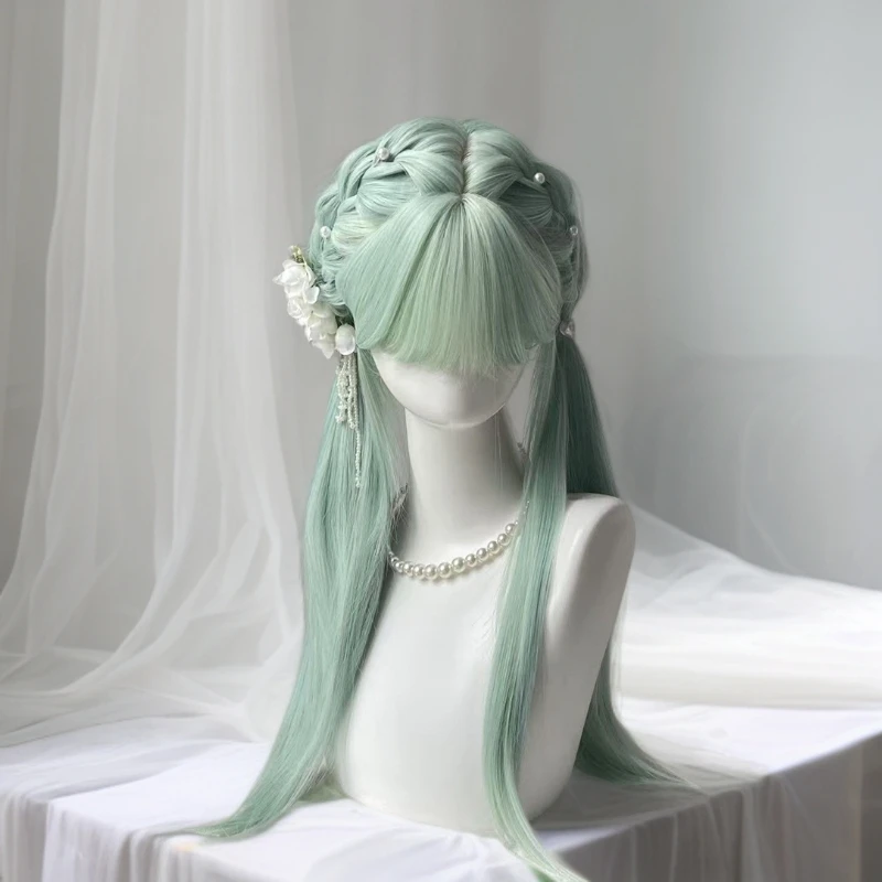 假发女薄荷绿长直发空气刘海气质清冷感自然仿真发蓬松整顶全头套