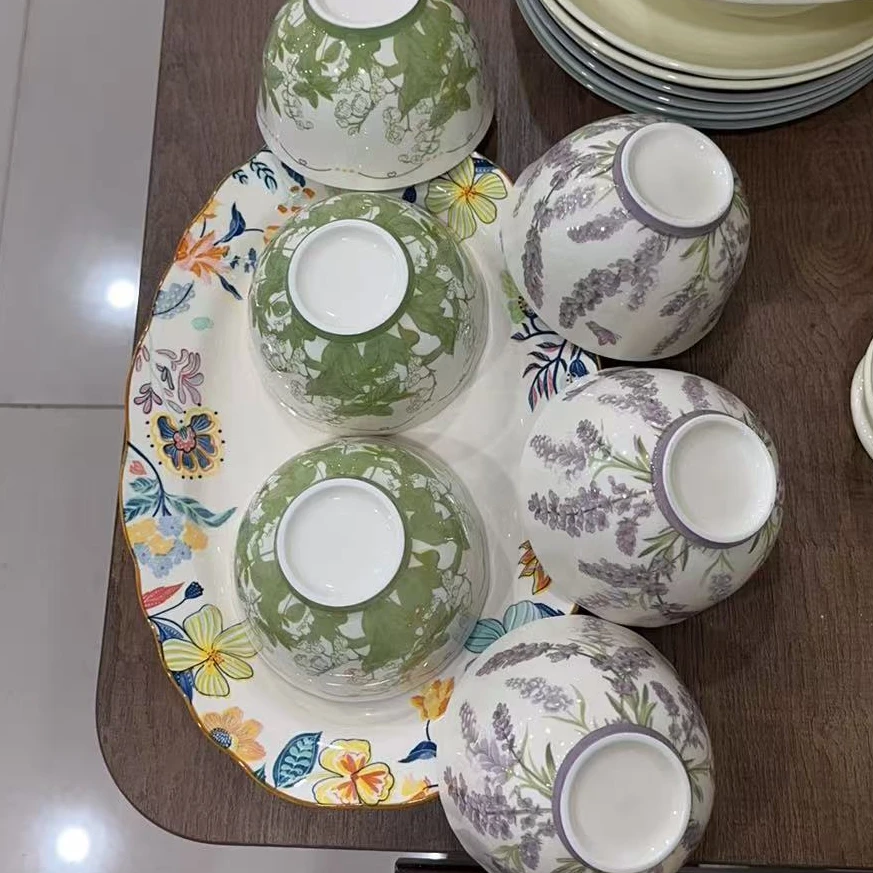 花色鱼盘 陶瓷碗家用高颜值米饭碗陶瓷碗釉下彩随机花色