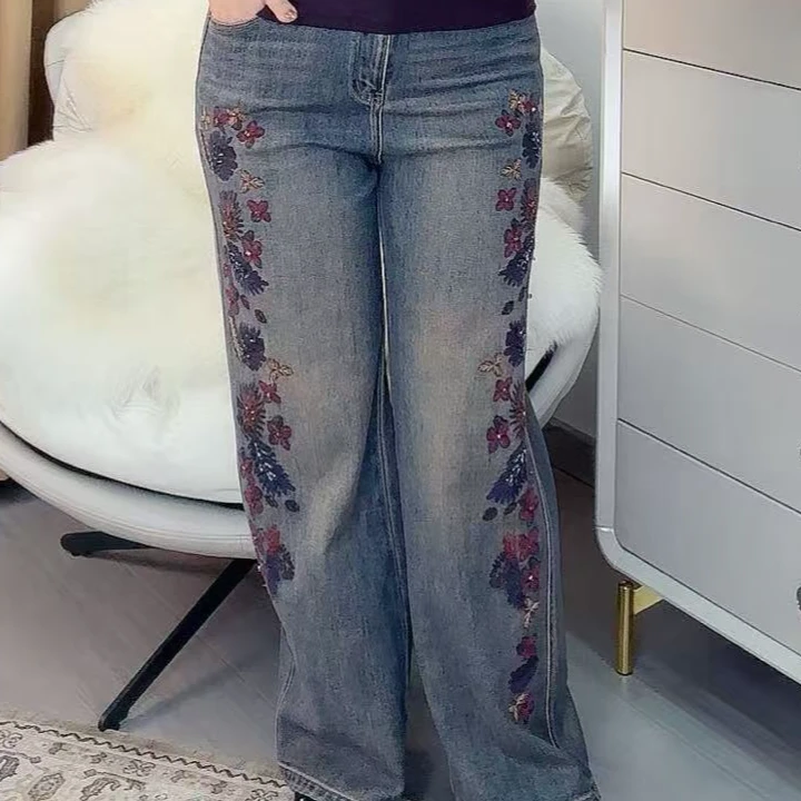 显瘦直筒印花重工复古民族风绣花2266款直筒拖地牛仔裤