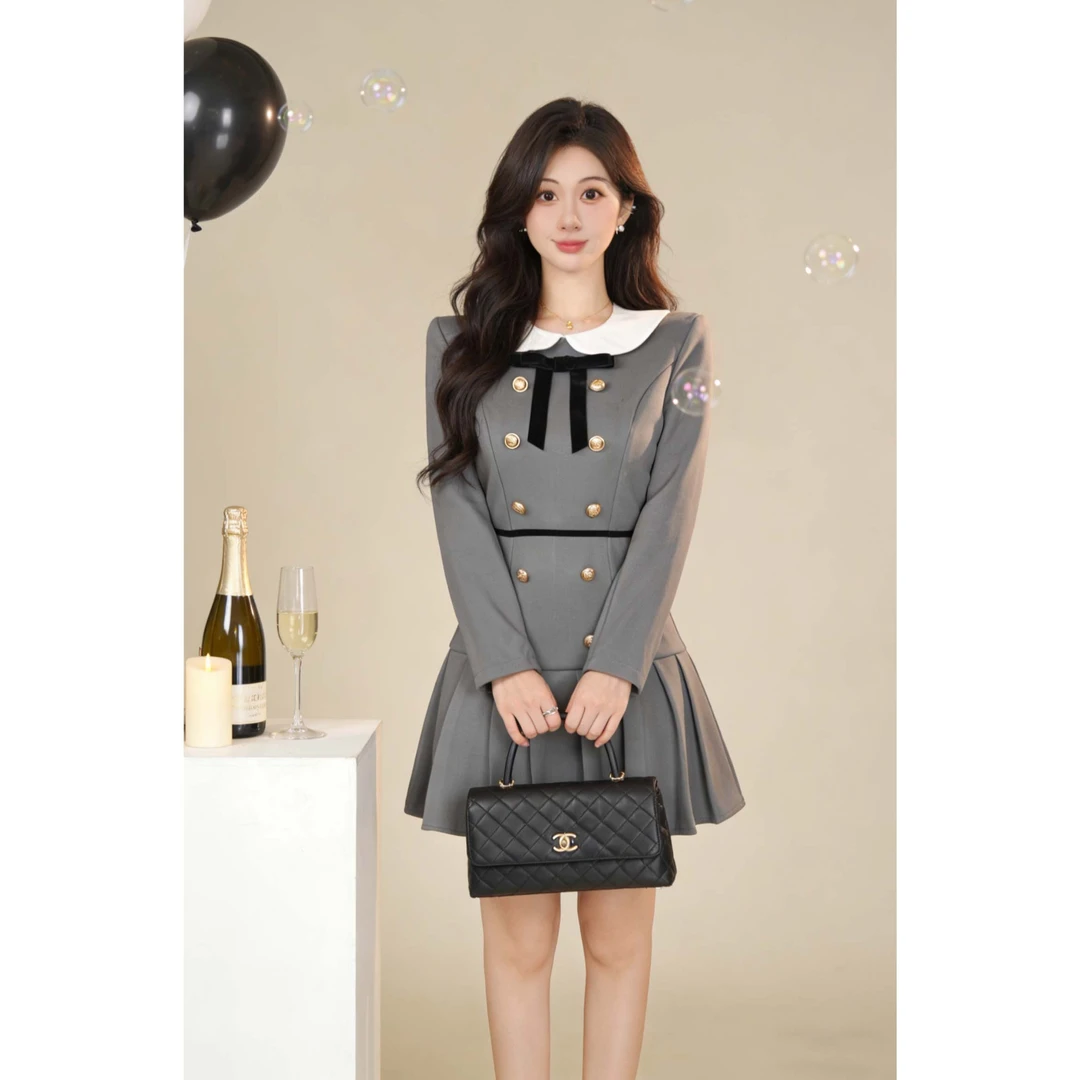 【张小小】英伦连衣裙秋冬学院风千金感穿搭灰色百褶裙LJ0227