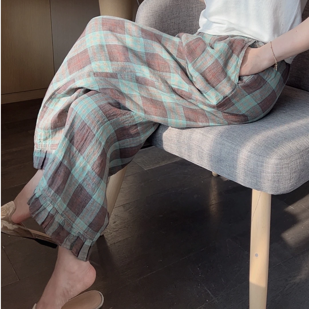 【悦悦专属】春秋百搭格子花边休闲阔腿裤S383